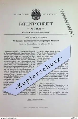 original Patent - Louis Runge , Berlin | 1880 | Petroleumdampf - Schnittbrenner | Petroleum - Brenner | Öllampe , Öl
