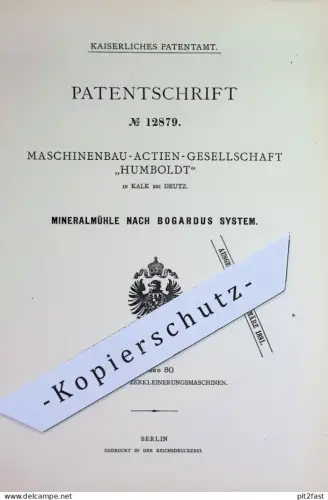 original Patent - Maschinenbau AG Humboldt , Köln / Kalk Deutz | 1880 | Mineralmühle nach Bogardus System | Mühle Mühlen
