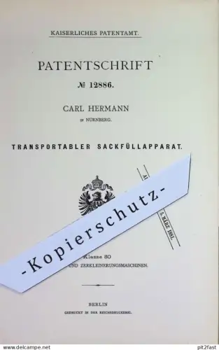 original Patent - Carl Hermann , Nürnberg | 1880 | Sack - Füllapparat | Säcke befüllen | Mühle , Mühlen !!