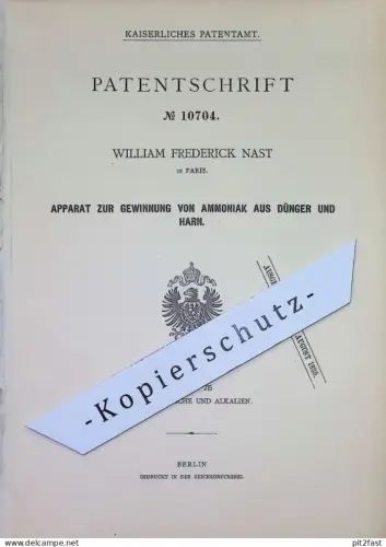 original Patent - William Frederick Nast , Paris , Frankreich | 1880 | Gewinnung von Ammoniak aus Dünger u. Harn | Salze