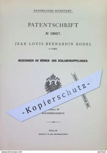 original Patent - Jean Louis Bernardin Bodel , Paris , Frankreich | 1880 | Kupplung für Schlauch & Rohr | Rohre , Ventil