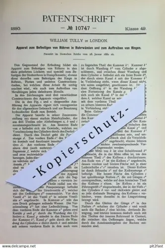 original Patent - William Tully , London , England | 1880 | Befestigen von Rohr in Rohrwand | Rohre | Röhren , Metall !!