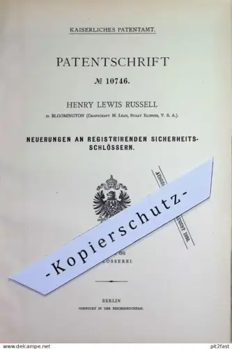 original Patent - Henry Lewis Russell , Bloomington , M. Lean , llinois , USA | 1880 | Sicherheitsschloss | Türschloss !