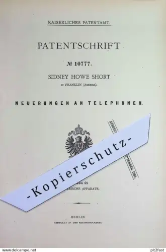 original Patent - Sidney Howe Short , Franklin , USA | 1879 | Telephon , Telefon | Telegraphy , Telegrafie | Elektrik