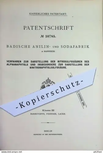 original Patent - Badische Anilin- und Sodafabrik , Mannheim | 1879 | Nitrosulfosäure , Binitronaphtolsulfosäure | Säure