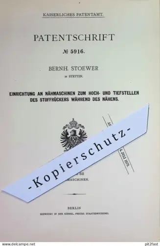 original Patent - Bernh. Stoewer , Stettin | 1878 | Nähmaschinen , Nähmaschine | Nähen , Schneider , Schneiderei !!!