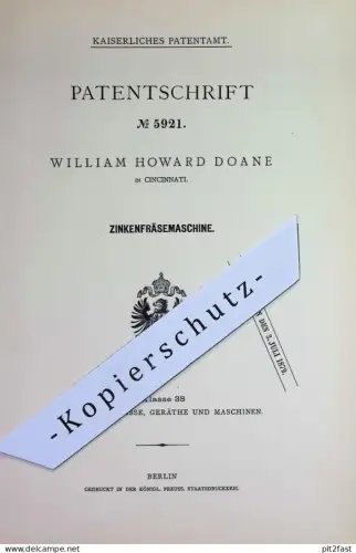 original Patent -  William Howard Doane , Cincinnati , Ohio , USA | 1878 | Zinkenfräsemaschine | Fräse | Fräsmaschine