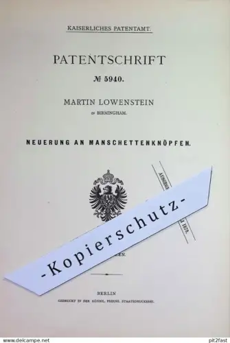 original Patent - Martin Lowenstein , Birmingham , England | 1878 | Manschettenknöpfe | Manschetten - Knöpfe | Knopf !!