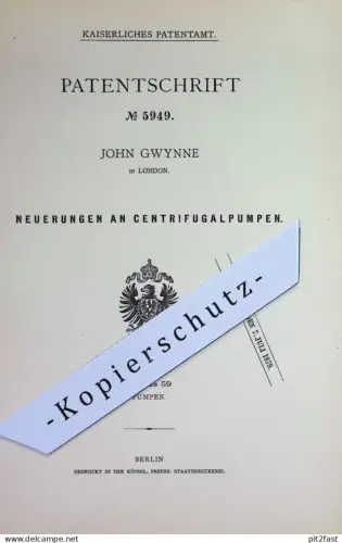 original Patent - John Gwynne , London , England | 1878 | Zentrifugalpumpen | Zentrifuge , Pumpe , Pumpen | Rotation