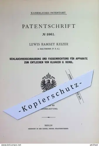 original Patent - Lewis Ramsey Keizer , Baltimore , USA | 1878 | Fasseinrichtung für Apparate zum Entleeren von Kloaken