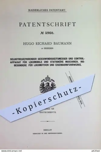 original Patent - Hugo Richard Baumann , Dresden | 1878 | Geschwindigkeitsmesser für Lokomotive u. Eisenbahnbahnen , Zug