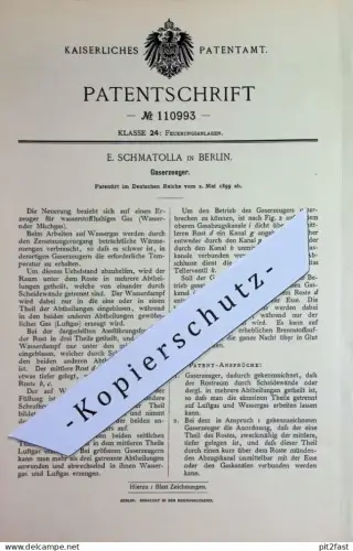 original Patent - E. Schmatolla , Berlin | 1899 | Gaserzeuger | Gas , Gase | Gasgemisch , Wassergas , Feuerung , Ofen !