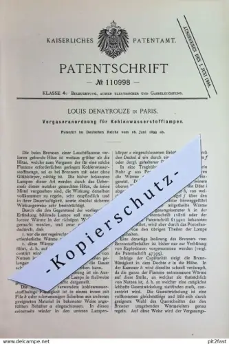 original Patent - Louis Denayrouze , Paris, Frankreich | 1899 | Vergaseranordnung f. Kohlenwasserstoff - Lampe | Brenner