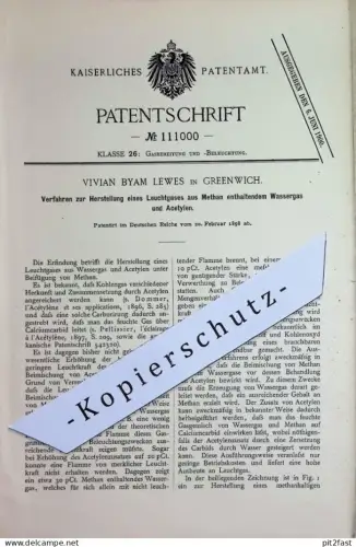 original Patent - Vivian Byam Lewes , Greenwich , England | 1898 | Leuchtgas aus Wassergas u. Acetylen mit Methan | Gas