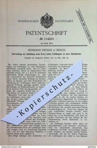original Patent - Hermann Drösse , Berlin | Umbildung von Davy - Lichtbogen zu einer Stichflamme | Lagrange - Hoho | Gas