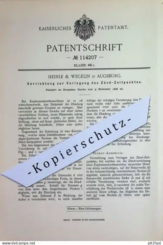 original Patent - Heinle & Wegelin , Augsburg | 1898 | Zeitpunkt der Zündung verlegen | Gasmotor , Motor , Motoren !!!