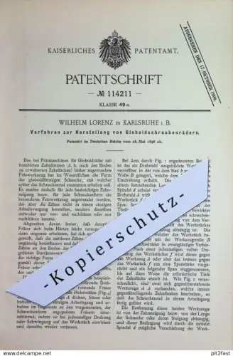 original Patent - Wilhelm Lorenz , Karlsruhe | 1898 | Herstellung der Globoidschraubenräder | Fräsmaschine , Fräse !!!