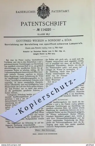 original Patent - Gottfried Wegelin , Köln / Rondorf | 1899 | Herst. von spezifisch schwerem Lampenruss | Ofen , Öfen