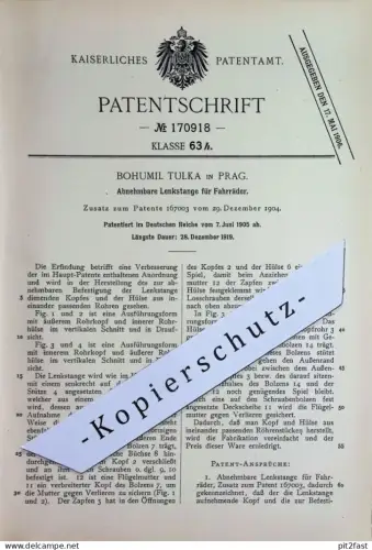 original Patent - Bohumil Tulka , Prag | 1905 | Abnehmbare Lenkstange für Fahrräder | Fahrrad - Lenker !