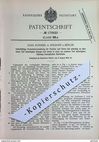 original Patent - Carl Ruhnke , Berlin / Rixdorf | 1905 | Feststellvorrichtung für Fenster u. Türen | Fensterbauer !!