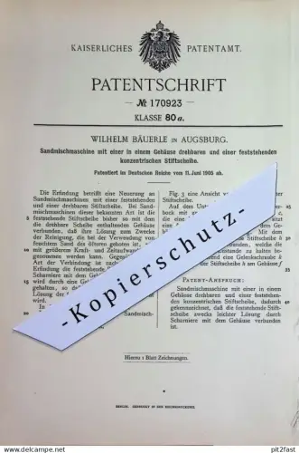 original Patent - Wilhelm Bäuerle , Augsburg | 1905 | Sandmischmaschine | Sand - Mischmaschine | Mischer