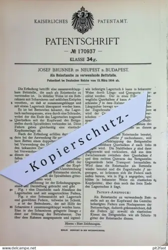 original Patent - Josef Brunner , Neupest / Budapest , Ungarn | 1904 |  Als Reisetasche zu verwendendes Bett | Tasche !