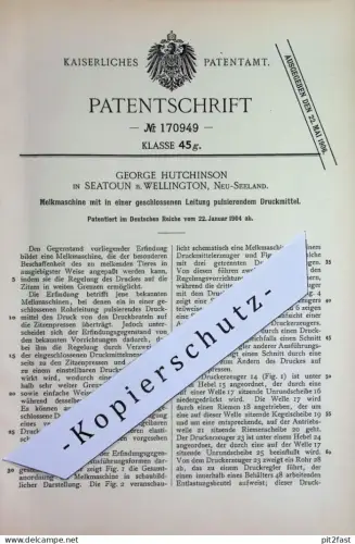 original Patent -  George Hutchinson , Seatoun Wellington , Neuseeland | 1904 | Melkmaschine | Tiere melken | Tierzucht