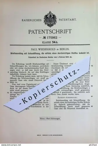 original Patent - Paul Wiederhold , Berlin | 1905 | Briefumschlag mit Schauöffnung | Fenster - Umschlag | Kuvert Couvert