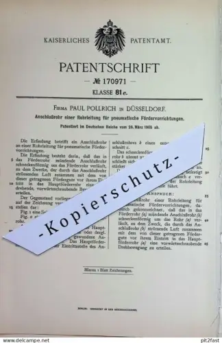 original Patent -  Fa. Paul Pollrich , Düsseldorf | 1905 |  Anschlussrohr der Rohrleitung für pneumatische Förderung !!