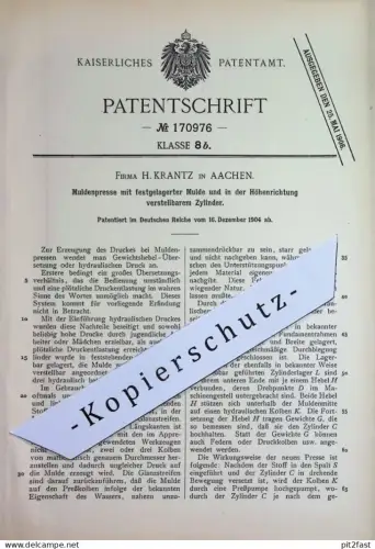 original Patent - Fa. H. Krantz , Aachen | 1904 | Muldenpresse | Mulden - Presse | Zylinder | Hydraulik | Maschinenbau