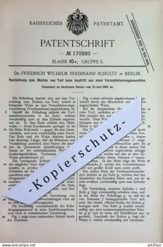 original Patent - Dr. Friedrich Wilhelm Ferdinand Schultz , Berlin | 1905 | Mahlen v. Torf | Torfmaschine | Mühle Mühlen