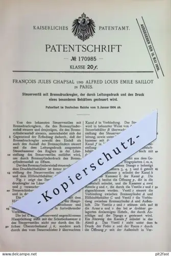 original Patent - Francois Jules Chapsal , Alfred Louis Emile Saillot , Paris Frankreich 1904 | Bremsdruckregler Ventil