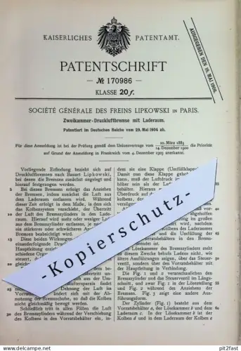 original Patent - Société Générale des Freins Lipkowski , Paris Frankreich | 1904 | Zweikammer Druckluftbremse | Bremse