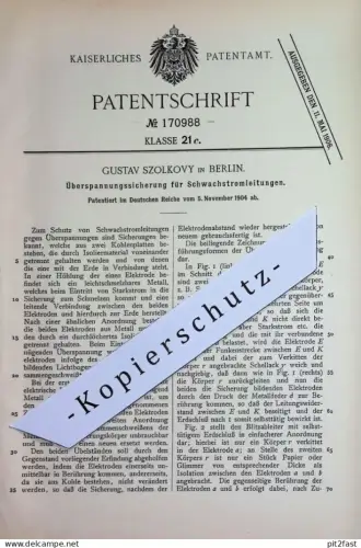 original Patent - Gustav Szolkovy , Berlin | 1904 | Überspannungssicherung für Schwachstromleitungen | Strom , Elektrik