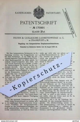 original Patent - Felten & Guilleaume Lahmeyerwerke AG Frankfurt / Main | 1904 | Einphasenserien - Motor - Regelung !!