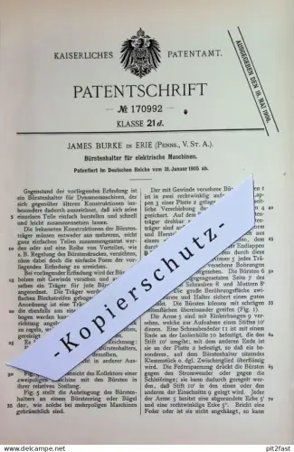 original Patent - James Burke , Erie , Pennsylvania , USA | 1905 | Bürstenhalter für elektrische Maschinen | Dynamo !!