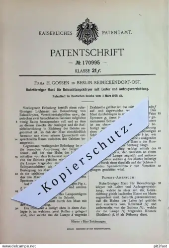 original Patent - Firma H. Gossen , Berlin / Reinickendorf | 1905 | Mast für Beleuchtung , Lampen , Laternen | Lichtmast
