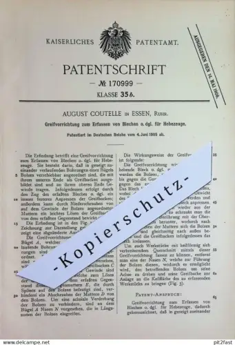 original Patent - August Coutelle , Essen / Ruhr | 1905 | Greifer zum Erfassen von Blech für Hebezeuge | Metall , Aufzug