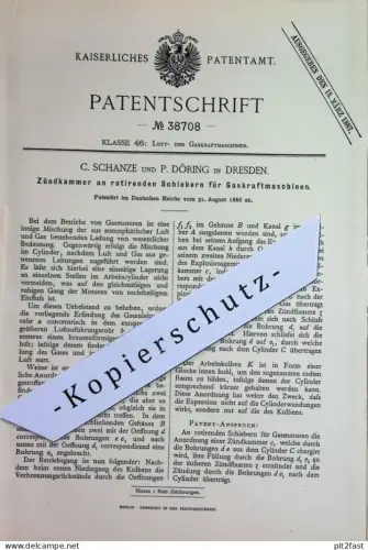 original Patent - C. Schanze , P. Döring , Dresden | 1886 | Zündkammer am Schieber für Gaskraftmaschine | Gasmotor Motor