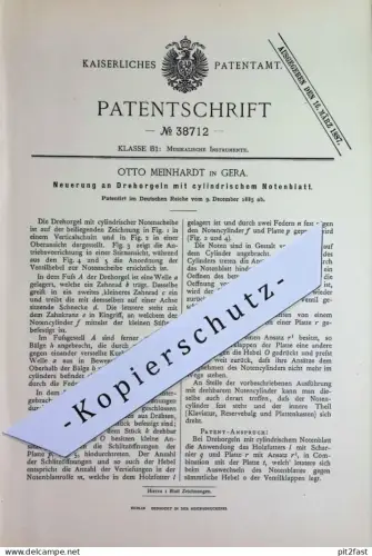 original Patent - Otto Meinhardt , Gera | 1885 | Drehorgel mit zylindrischem Notenblatt | Orgel Orgeln Organist , Musik