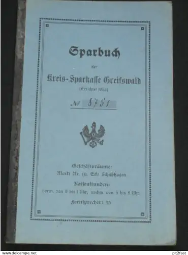 altes Sparbuch - Greifswald i. Mecklenburg , 1916 - 1944 , Ida Joku in Spandowerhagen b. Kröslin , Sparkasse , Bank !!