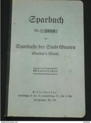 altes Sparbuch - Gnoien i. Mecklenburg , 1936- 1945 , Karl Pinnow in Dölitz , Sparkasse , Bank !!