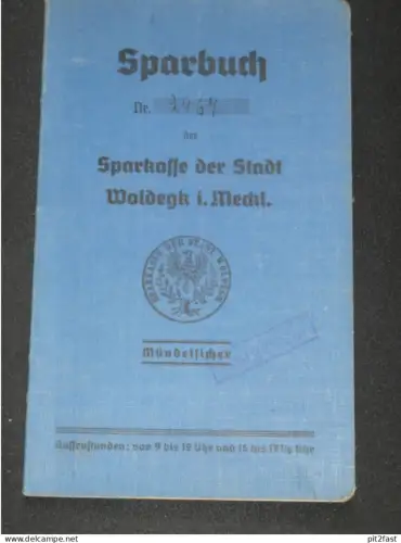 altes Sparbuch - Woldegk i. Mecklenburg , 1941 - 1944 , L. Lauterbach geb. Lenschow in Hinrichshagen , Sparkasse , Bank