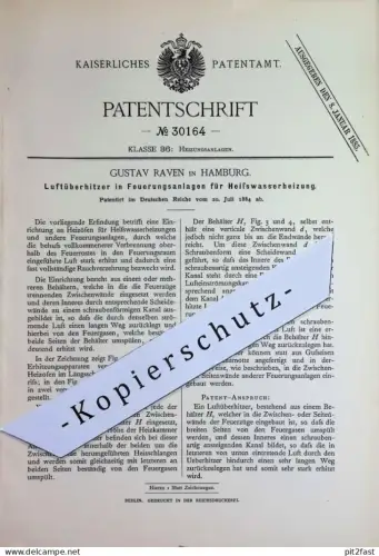 original Patent - Gustav Raven , Hamburg | 1884 | Luftüberhitzer in Feuerungsanlagen f. Heißwasserheizung | Heizung Ofen
