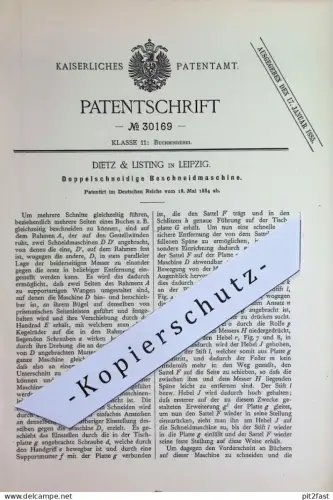 original Patent - Dietz & Listing , Leipzig | 1884 | Doppelschneidige Beschneidmaschine | Buch , Buchbinderei , Bücher