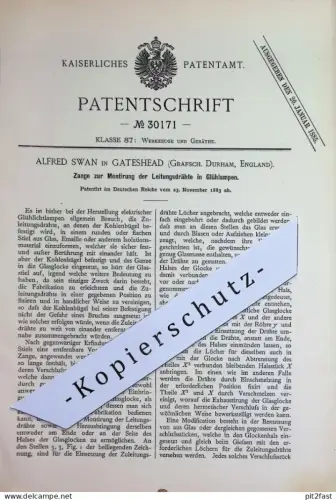 original Patent - Alfred Swan , Gateshead , Grafschaft Durham , England | 1883 | Zange für Leitungsdraht in Glühlampe !!