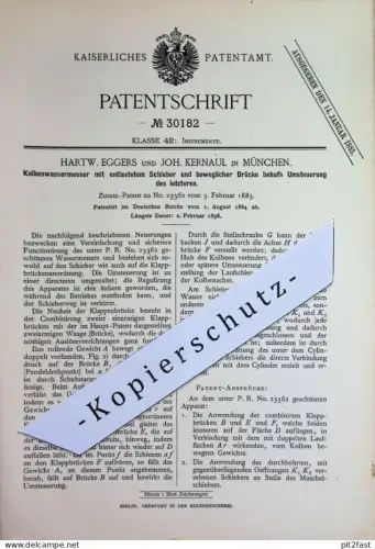 original Patent - Hartw. Eggers , Joh. Kernaul , München | 1884 | Kolbenwassermesser | Kolben - Wassermesser !!