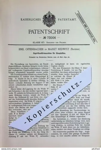 original Patent - Emil Offenbacher , Markt Redwitz , Bayern | 1892 | Kopierfacettiermaschine für Glasplatten | Spiegel !