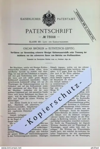 original Patent - Oscar Brünler , Leipzig / Eutritzsch | 1892 | Kohlenwasserstoff für Kraftmaschinen | Gas - Motoren !!