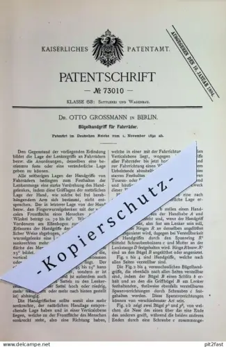 original Patent - Dr. Otto Grossmann , Berlin | 1892 | Bügelhandgriff für Fahrräder | Fahrrad - Lenker | Lenkergriff